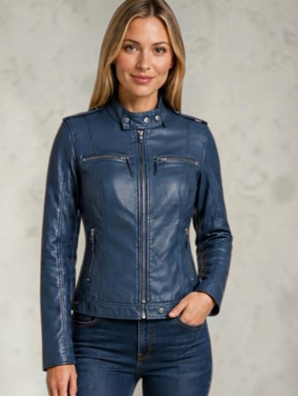 Black Rivet Blue Faux Leather Faux Fur Lined Moto Biker Jacket Small